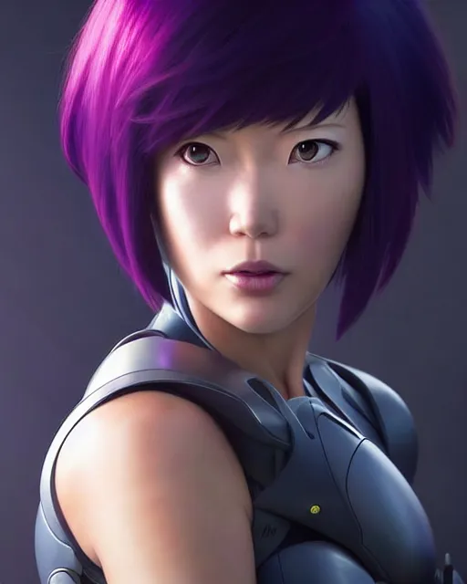 Image similar to weta disney pixar movie still portrait photo of motoko kusanagi the major ghost in the shell : : as cyborg woman by pixar : : by weta, wlop, ilya kuvshinov, rossdraws, artgerm, marvel, maxim cover, latex, octane render, sweaty, iridescent, bright morning, anime, liosh, mucha : :