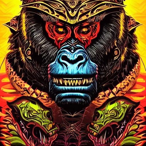 Image similar to barong family member, wiwek, mara demon, one single tribe member, jungle, one single mask, dark, ancient warrior, gorilla, lizard, tribal, inner glow, art by derek riggs and dan mumford and justin gerard