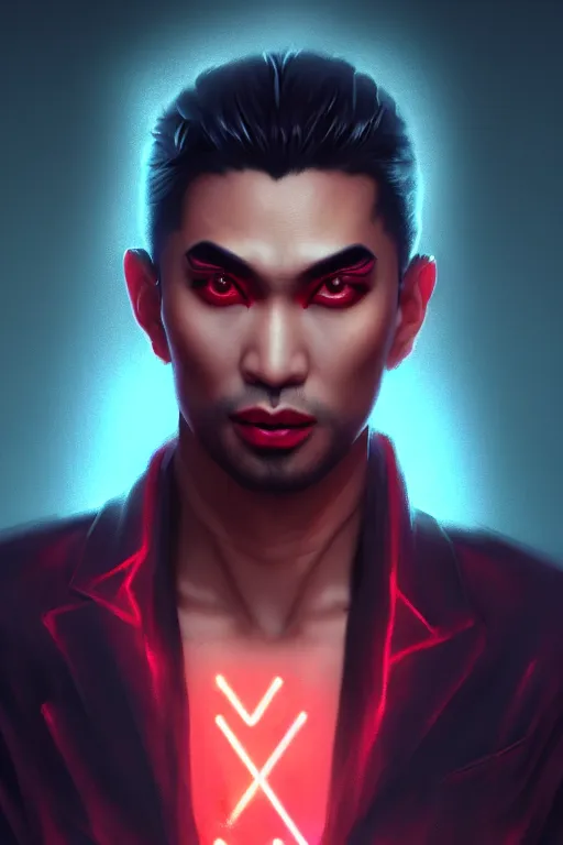 Prompt: 3 / 4 portrait, male asian vampire of clan banu haqim, from vampire the masquerade, night, crop top, beautiful, in a modern city, neon signs, jewelry, tattoos, artstation, william bouguereau, rossdraws, greg rutkowski, super detailed, realistic, octane render, volumetric, cinematic, 8 k