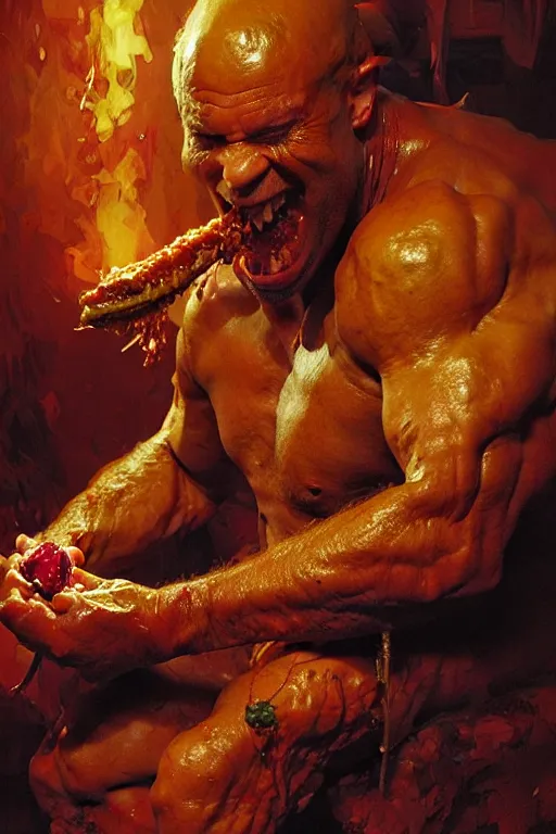 Prompt: robert roflgator malecki eating baked beans and drinking fireball, extreme high detail, grotesque, portrait dnd, painting by gaston bussiere, craig mullins, greg rutkowski, yoji shinkawa