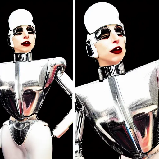 Prompt: lady gaga as a futuristic robot made out of white glass and shiny chrome washing a vintage 1 9 5 0's car