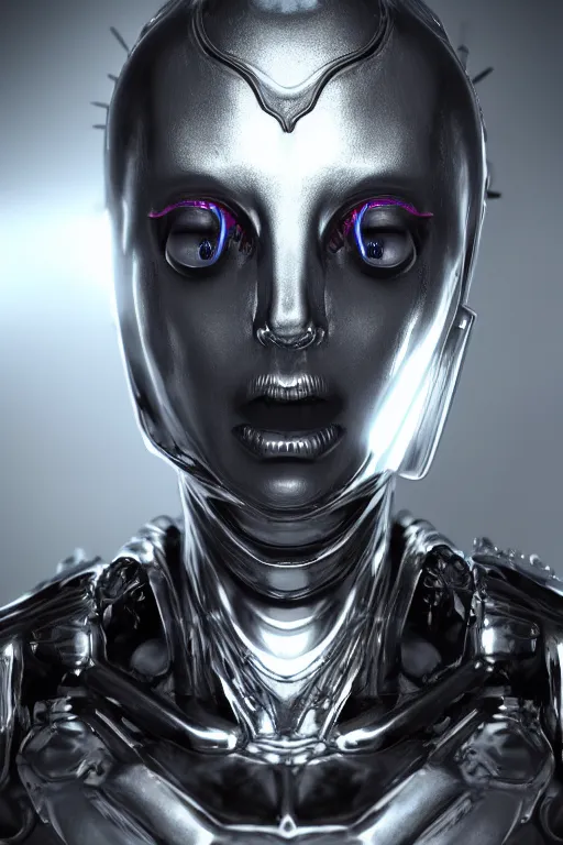 Image similar to humanoid creature with a chrome body made from gray jelly, cyberpunk, realistic, high definition, many details, symmetrical face, realistic eyes, unreal engine art 5