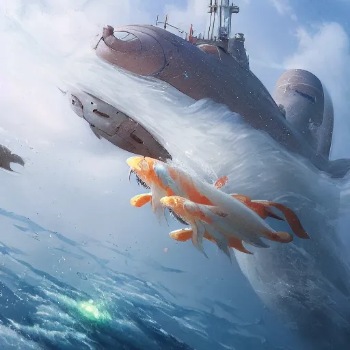 Image similar to subsurface scattering, white, giant submarine, koi colors, koi not depicted, octane render, jesper ejsing, justin gerard, james jean, tomasz alen kopera, cgsociety, fenghua zhong, makoto shinkai, highly detailed, rim light, art, cinematic lighting, very coherent, hyper realism, 8 k