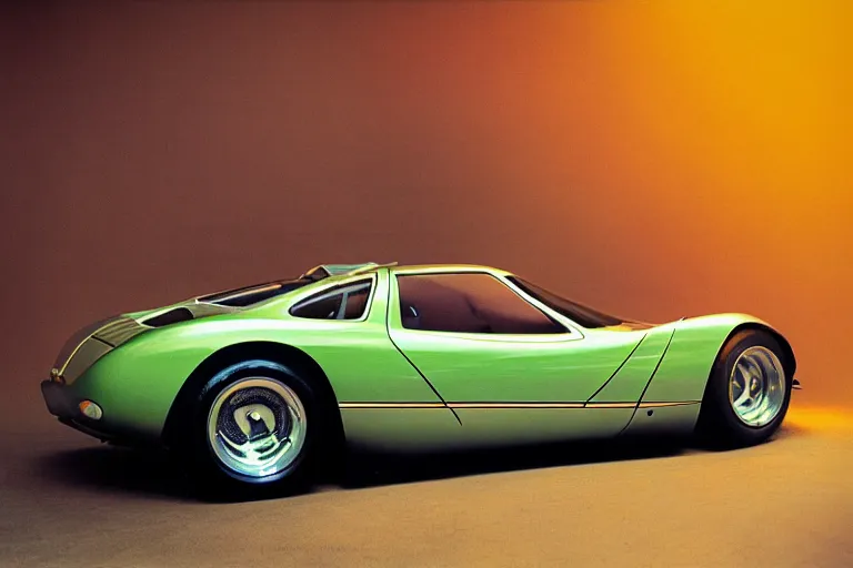 Image similar to stylized poser of a single 1973 Citroen DM Miura ((McLaren F1)), thick neon lights, ektachrome photograph, volumetric lighting, f8 aperture, cinematic Eastman 5384 film