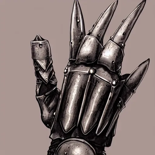 Image similar to metal claws on gloves, weaponized gauntlett, old gloves with attached talons, pointy fingertips, dark background, highly detailed, 8 k, trending on artstation, mystic, rpg artwork, by peter jackson, by sauron