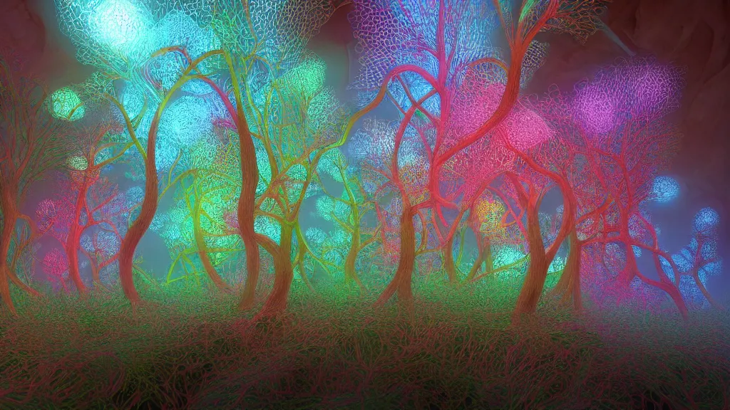 Prompt: a digital render of a glowing fractal forest by patrick faulwetter, greg Mumford, Julius Horsthuis, Trending on artstation, Trending on deviantart
