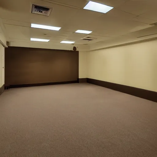 Prompt: a Polaroid photo of an ominous endless space of empty connecting rooms with vanilla colored wallpaper and brown carpet, no windows