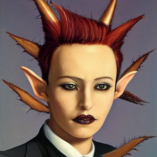 Image similar to portrait of a nonbinary actor with tanned skin and spiky short red hair wearing a men's suit, she has elf ears and gold eyes, by Gerald Brom and Grant Wood