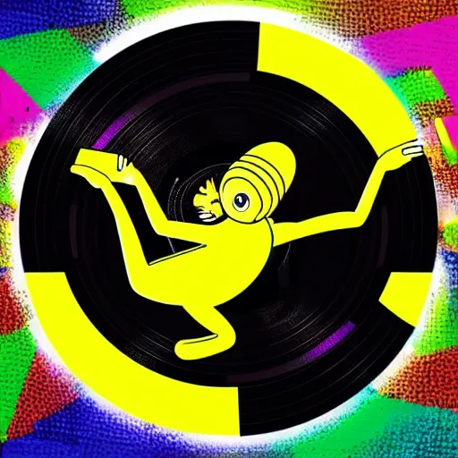 Prompt: svg sticker of a Dancing-Banana, at a rave, spinning records, giant headphones rocking out, wearing headphones, huge speakers, dancing, rave, DJ, spinning records, digital art, amazing composition, rule-of-thirds, award-winning, trending on artstation, featured on deviantart