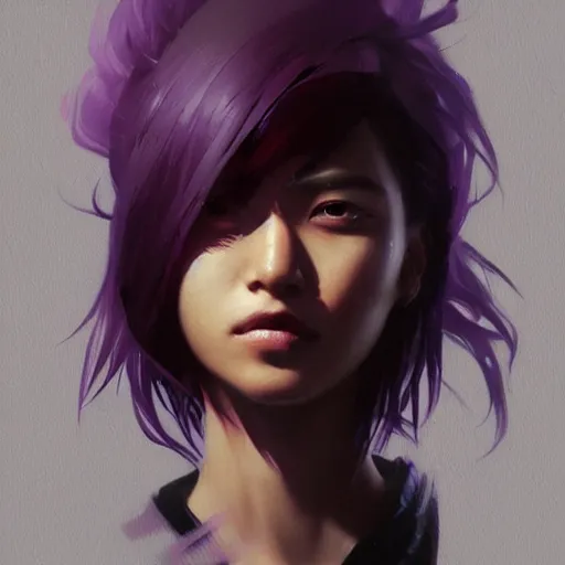 Prompt: very detailed masterpiece painting of a badass young asian cyberpunk woman with dark purple hair, portrait, artstation, concept art by greg rutkowski