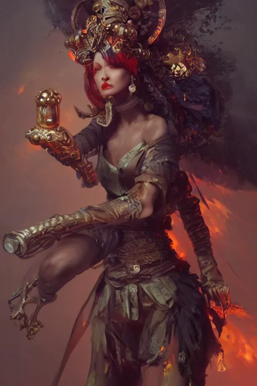 Prompt: beautiful girl necromancer, witch - doctor covered with velvet exploding into organic velvet, angels, 3 d render, hyper realistic detailed portrait, holding mace, ruan jia, wlop. scifi, fantasy, magic the gathering, hyper detailed, octane render, concept art, peter mohrbacher