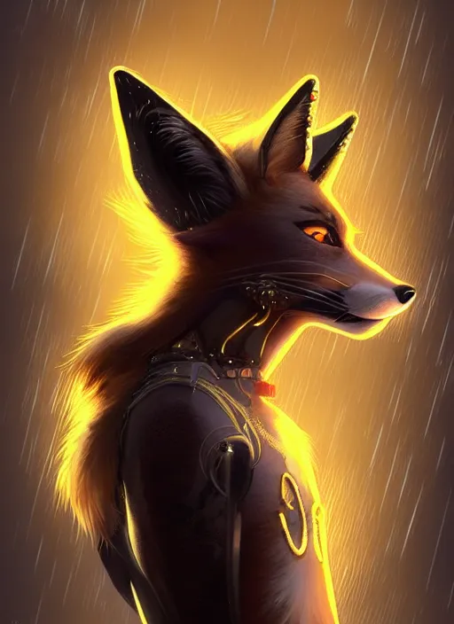 Image similar to award winning beautiful portrait commission of a male furry anthro melanated fox fursona with a tail and a cute beautiful attractive detailed furry face wearing stylish black and gold cyberpunk clothes in a cyberpunk city at night while it rains. Character design by charlie bowater, ross tran, artgerm, and makoto shinkai, detailed, inked, western comic book art