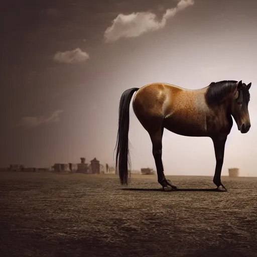 Prompt: horse standing along in an open square of abandoned city, cinematic, —n 4, photorealistic, landscape format