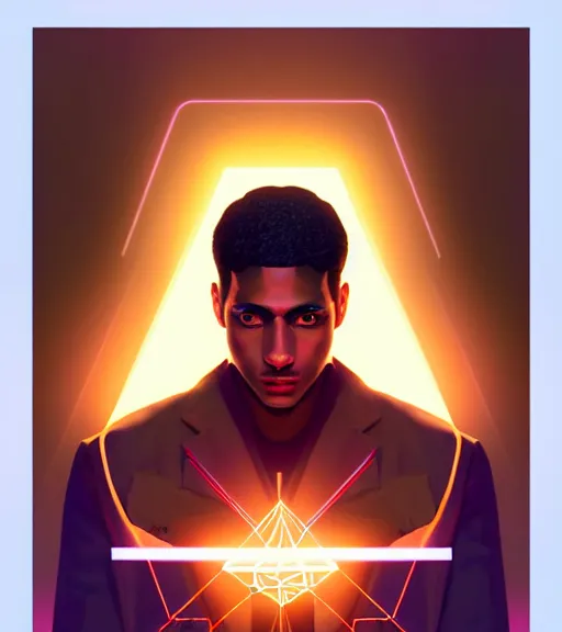 Image similar to symmetry!! egyptian prince of technology, solid cube of light, hard edges, product render retro - futuristic poster scifi, lasers and neon circuits, brown skin man egyptian prince, intricate, elegant, highly detailed, digital painting, artstation, concept art, smooth, sharp focus, illustration, dreamlike, art by artgerm