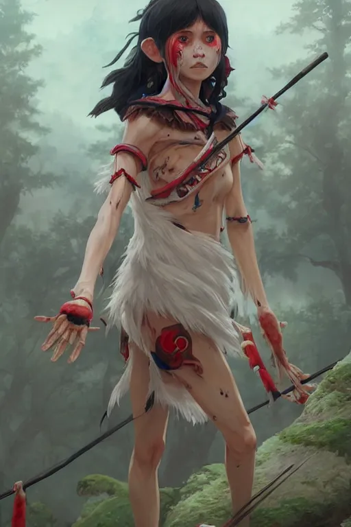 Prompt: mononoke hime, accurate anatomy, only two hands, highly detailed, digital painting, artstation, concept art, smooth, sharp focus, illustration, unreal engine 5, 8 k, art by artgerm and greg rutkowski and edgar maxence