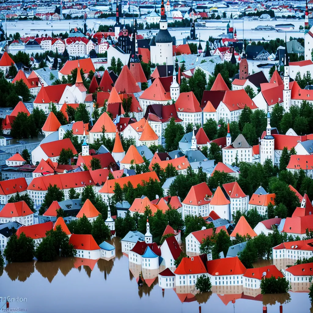 Prompt: Tallinn, capital of estonia, suffering from floods from the sea due to climate change in the year 2100, the citizens of Tallinn are shocked, street photography, ultra detailed, 40mm focal lense, flash at noon, 8k,