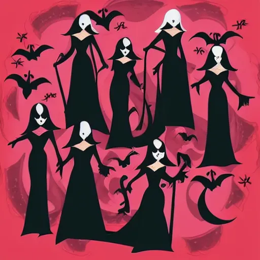 Image similar to three female witches dressed in black with veils:: graveyard:: red moon:: vampire blonde woman::