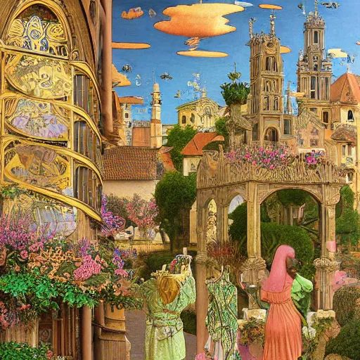 Image similar to hyperrealistic detailed painting of medieval city, with flowers, beetles, bacteria, fish skeletons, fungi, scales, golden filigree, art by ernst haeckel, john william godward, hammershøi, alphons mucha, pontormo, ornamental, decorative, art nouveau pattern, deep pastel colors,