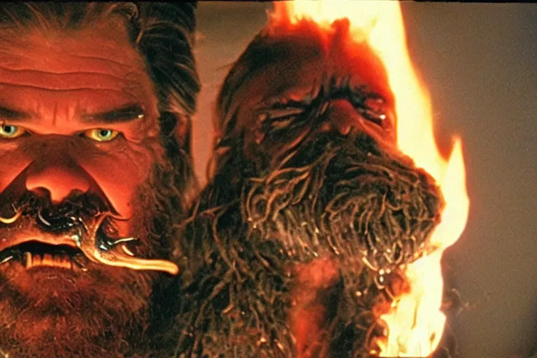 Image similar to scary filmic closeup color ground level angle movie still 35mm film color photograph of Kurt Russel with a beard and mustache burning an abstract alien organism from The Thing 1982 with a flamethrower, in the style of a horror film