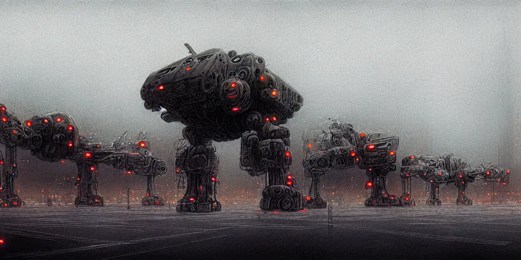 Image similar to matte painting of gigantic huge mech covered with wounds, black, pastel matte colors, staying in the foggy huge parking station, by moebius, hyperrealism, intricate detailed