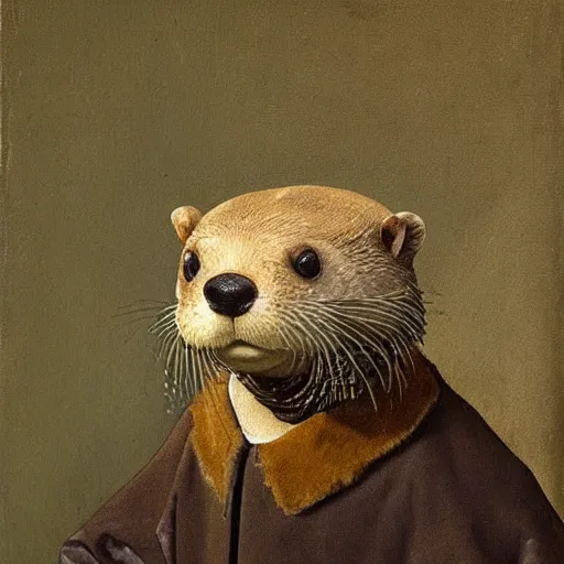 Image similar to oil painting of an anthropomorphic otter in military uniform, amazing detail, painted by johannes vermeer