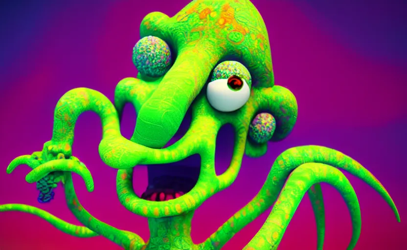 Image similar to squidward taking an acid trip, digital painting, octane render, psychedelic, intricate detail, highly detailed