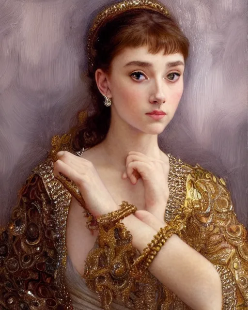 Image similar to a girl who resembles a 16-year old Audrey Hepburn and Scarlett Johansson, dressed in ornate, detailed, intricate iridescent opal armor, detailed oil painting by William Adolphe Bouguereau and Donato Giancola