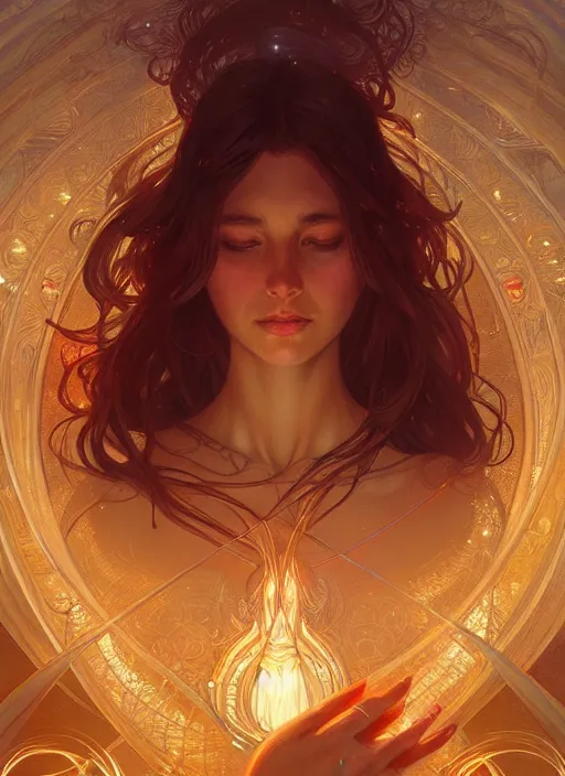 Image similar to water, glowing lights!! intricate elegant, highly detailed, digital painting, artstation, concept art, smooth, sharp focus, illustration, art by ( ( ( artgerm ) ) ) and greg rutkowski! and ( ( alphonse mucha ) )