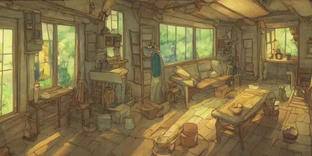 Prompt: studio Ghibli, the interior of a small cottage, warm lighting, anime
