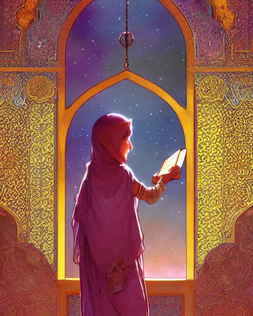 Image similar to a faceless bedouin child infront of a big open quran highly detailed, gold filigree, romantic storybook fantasy, soft cinematic lighting, award, disney concept art watercolor illustration by mandy jurgens and alphonse mucha and alena aenami, pastel color palette, featured on artstation