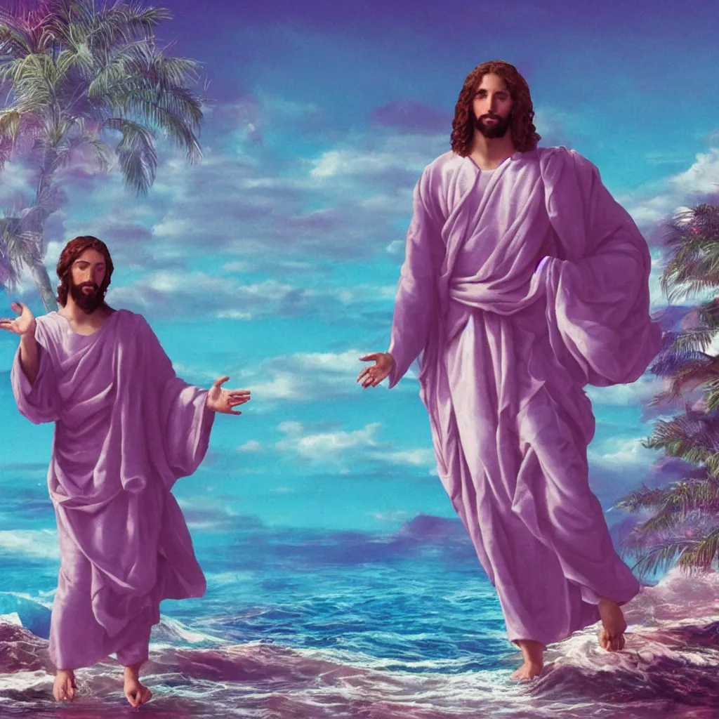 Image similar to Jesus walking on water, vaporwave style