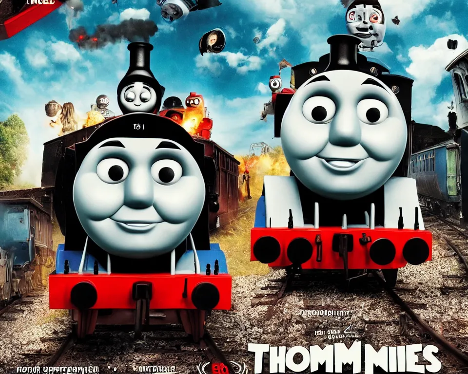 Image similar to a horror movie poster featuring Thomas The Tank Engine