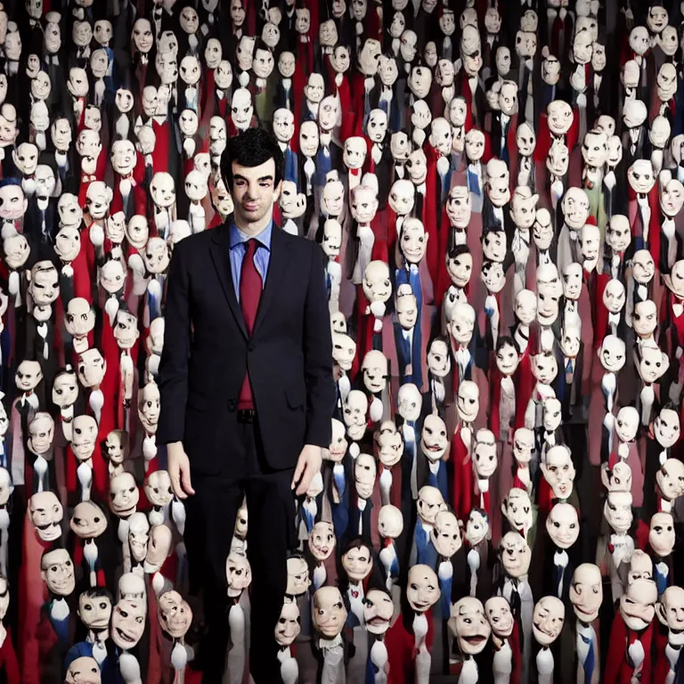 Prompt: focused dslr medium shot photograph of nathan fielder standing in front of hundreds of nathan fielder puppets on strings from nathan for you on comedy central filmed by a tv crew on a stage with a red curtain, meta, fractal, trippy, high detail!!! 8 k!!!!, photorealism!!!, sharp focus!!! coherent!!!