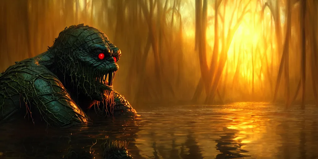 Prompt: a close up, swamp monster with red eyes, emerging from the lagoon at sunset, volumetric lighting, highly detailed, digital painting, artstation, concept art, matte, sharp focus, illustration, art by artgerm and greg rutkowski and alphonse mucha