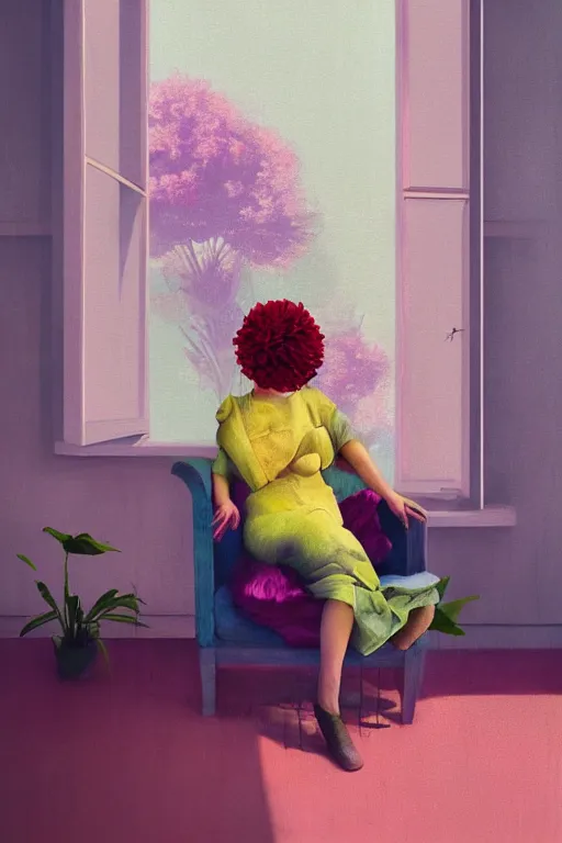 Prompt: closeup, huge flower under head, woman sitting on lounge chair by a modern window, surreal photography, studio light, impressionist painting, digital painting, artstation, simon stalenhag