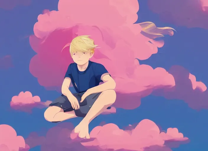 Image similar to a little boy with blonde hair sitting on a cloud in front of a pink and blue sunrise sky. clean cel shaded vector art. shutterstock. behance hd by lois van baarle, artgerm, helen huang, by makoto shinkai and ilya kuvshinov, rossdraws, illustration, art by ilya kuvshinov