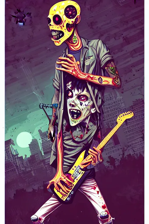 Prompt: a zombie skater punk playing electric guitar, tristan eaton, victo ngai, artgerm, rhads, ross draws