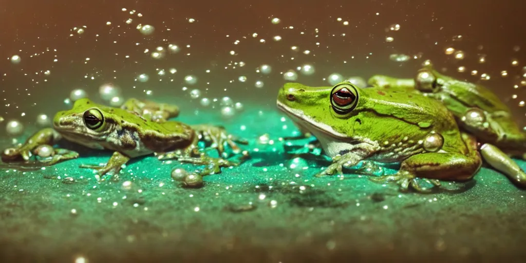 Prompt: a very intricately detailed underwater photo of a frogs cuddling. a lot of bubbles, diffracting the light. small curious fish in the background. extreme detail, artstation hq, 8 k