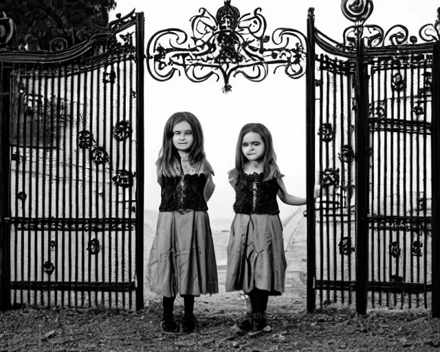 Prompt: black and white photo of Spooky Twin girls standing in front of a Victorian wrought iron gate at sunset