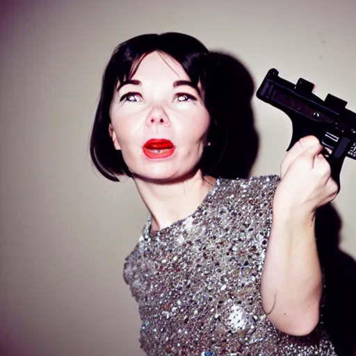 Prompt: Bjork aiming a glock at the camera, portrait, 35mm film