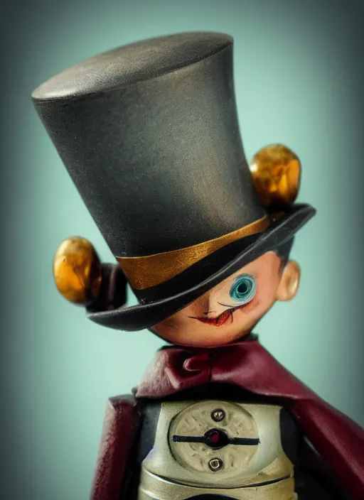 Prompt: closeup of a tin toy jack the ripper wearing a top hat, depth of field, zeiss lens, detailed, symmetrical, centered, fashion photoshoot, by nicoletta ceccoli, mark ryden, lostfish, earl nore, hyung tae, frank frazetta, breathtaking, 8 k resolution, extremely detailed, beautiful, establishing shot, artistic, hyperrealistic, octane render