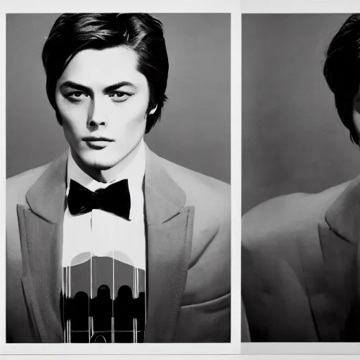 Image similar to stunning symmetrical portrait of alain delon in front of a tall moog synthesizer, high contrast grainy blank and white photography print ilford warm tone, huge modular synthesizer!!!!!!!