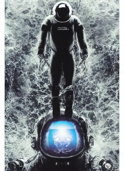 Image similar to astronauts in dark and empty void underwater - complex and hyperdetailed suit. reflection and dispersion materials. rays and dispersion of light. volumetric light. 5 0 mm, f / 3 2. noise film photo. flash photography. ultra realistic, wide angle. poster by wayne barlowe, hajime sorayama aaron horkey, craig mullins. dark key.