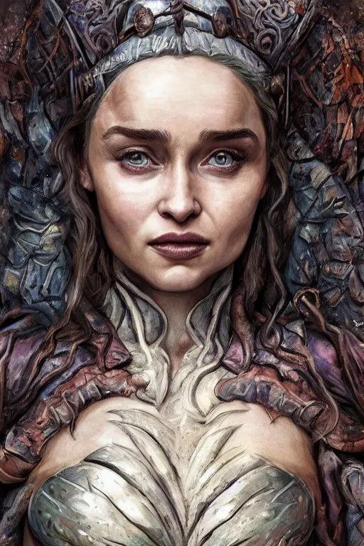 Image similar to A fantasy comic book style portrait painting of, hybrid, Emilia Clarke, Sophie Turner, as an Atlantean, Reptilian Warrior, Mystical Valkyrie, Armor, Sword, Archer Bow, Spear, Sheild, François Boucher, Oil Painting, unreal 5, DAZ, hyperrealistic, octane render, Regal, Refined, Detailed Digital Art, RPG portrait, Michael Cheval, William-Adolphe Bouguereau, Walt Disney (1937), Steampunk, dynamic lighting, Highly Detailed, Cinematic Lighting, Unreal Engine, 8k, HD