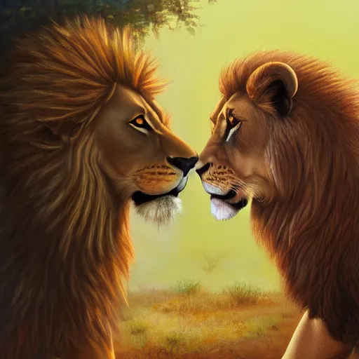 Prompt: oil painting of a lion kissing another lion male, detailed, 4k, fantasy