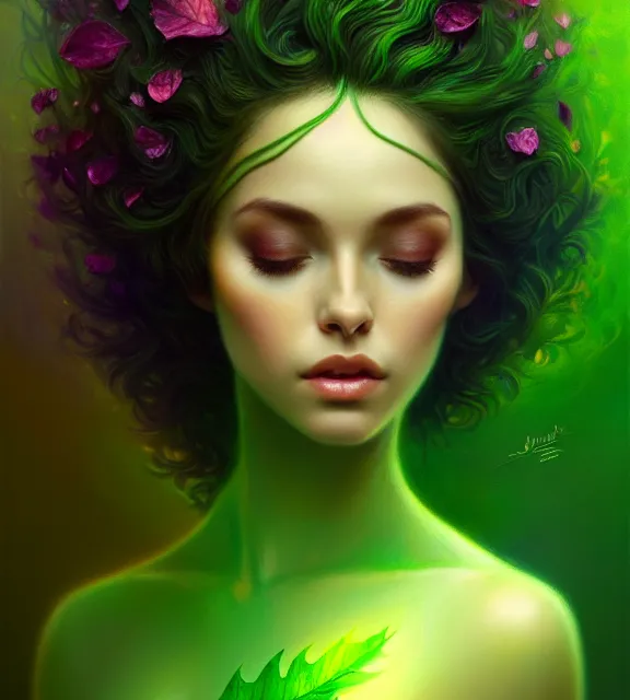 Prompt: beautiful tree wearing green leaf halter top, perfect face, dark green leaf hair, with abs, cinematic, blush, stunning, elegant, highly detailed, psychedelic, digital painting, artstation, smooth, hard focus, illustration, art by jessica rossier and and brian froud