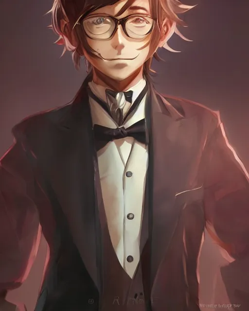 Prompt: an anime portrait of doctor bob as a beautiful man wearing a tuxedo from skyrim, by stanley artgerm lau, wlop, rossdraws, james jean, andrei riabovitchev, marc simonetti, and sakimichan, trending on artstation