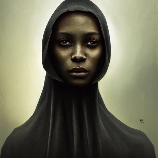 Image similar to a portrait of a young black woman wearing a long dark cloak, hood and shadows covering face, anatomically correct, beautiful perfect face, enigmatic, oil painting, matte painting, black background, Volumetric dynamic lighting, Highly Detailed, Cinematic Lighting, Unreal Engine, 8k, HD, by Beksinski