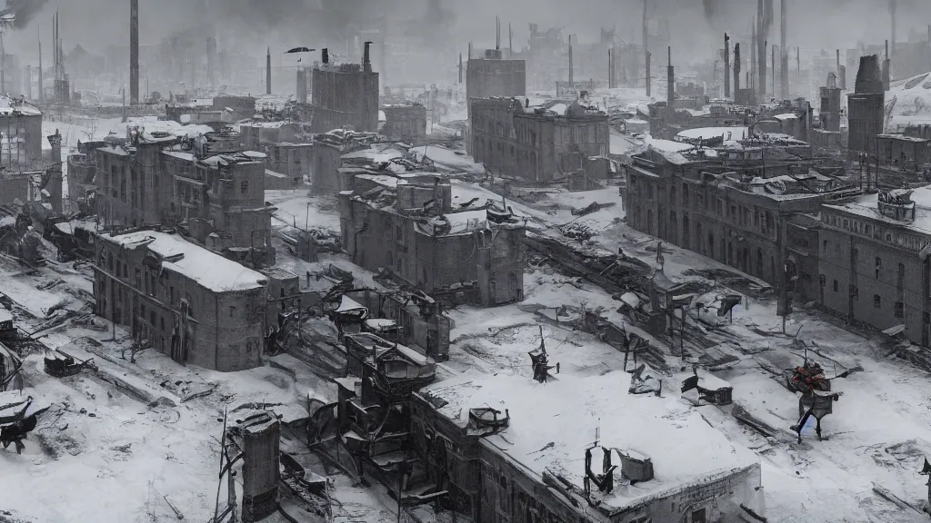 Prompt: It is a time of unrest in 1920's Europa. The ashes from the first great war still darken the snow. The capitalistic city-state known simply as 'The Factory', which fueled the war with heavily armored mechs, has closed its doors, drawing the attention of several nearby countries. octane render, 8k