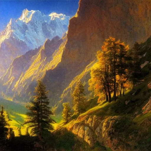 Image similar to wonderful alpine mountain valley, swiss, soft dynamic clouds astral appearance, cinematic light, sublime, colorful, light shafts, dramatic light, by august malmstrom, russian painters, mucha, disney, global illumination, rule of thirds, perfect central composition